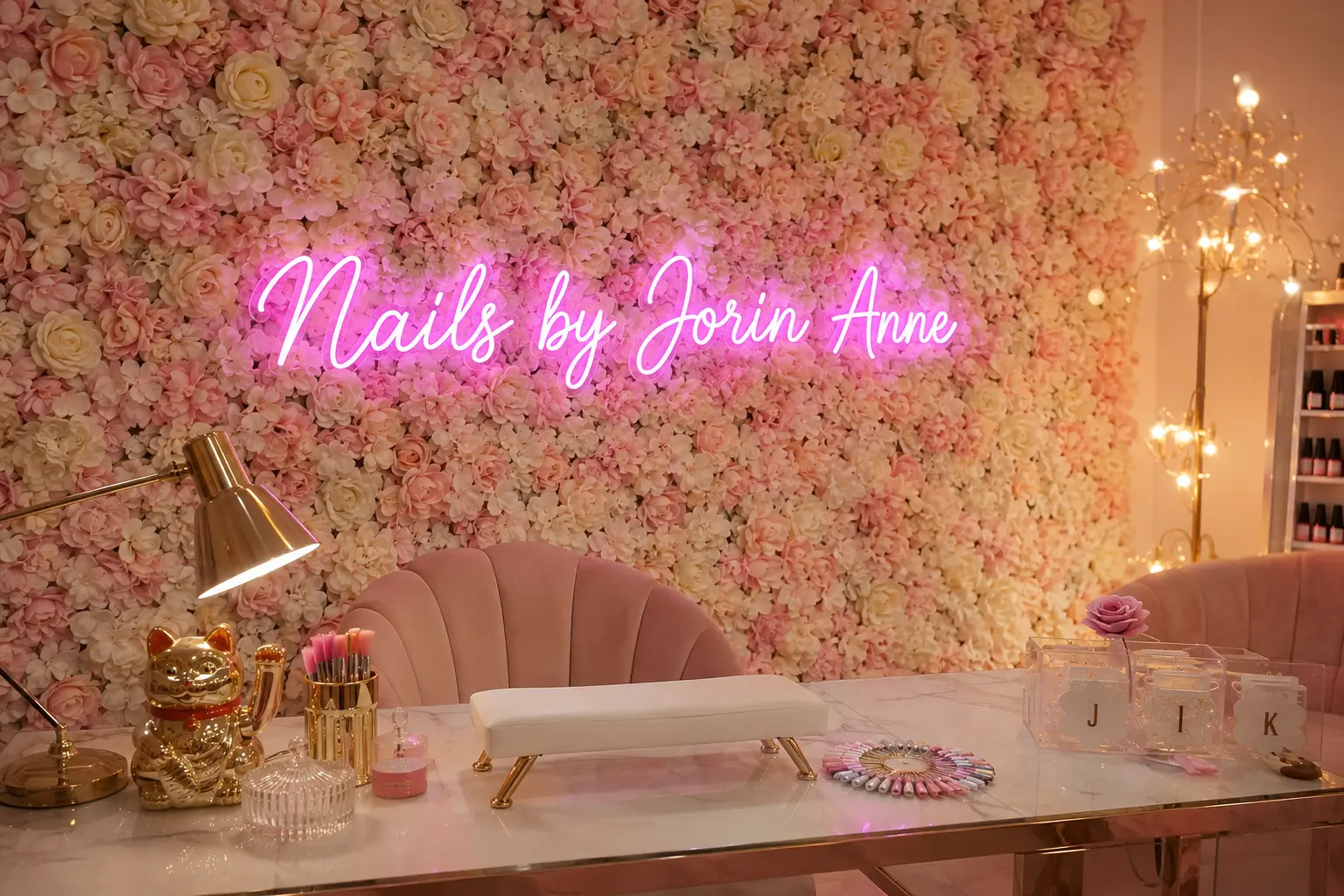 Marble manicure table and pink velvet chair in front of the studio rose wall