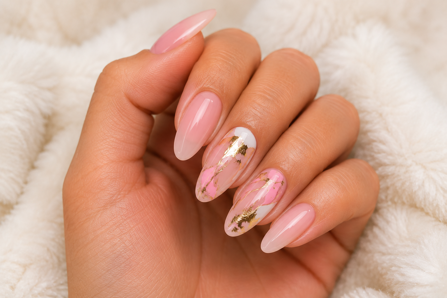 Pointed nails with white and pink marble and gold leaf accents