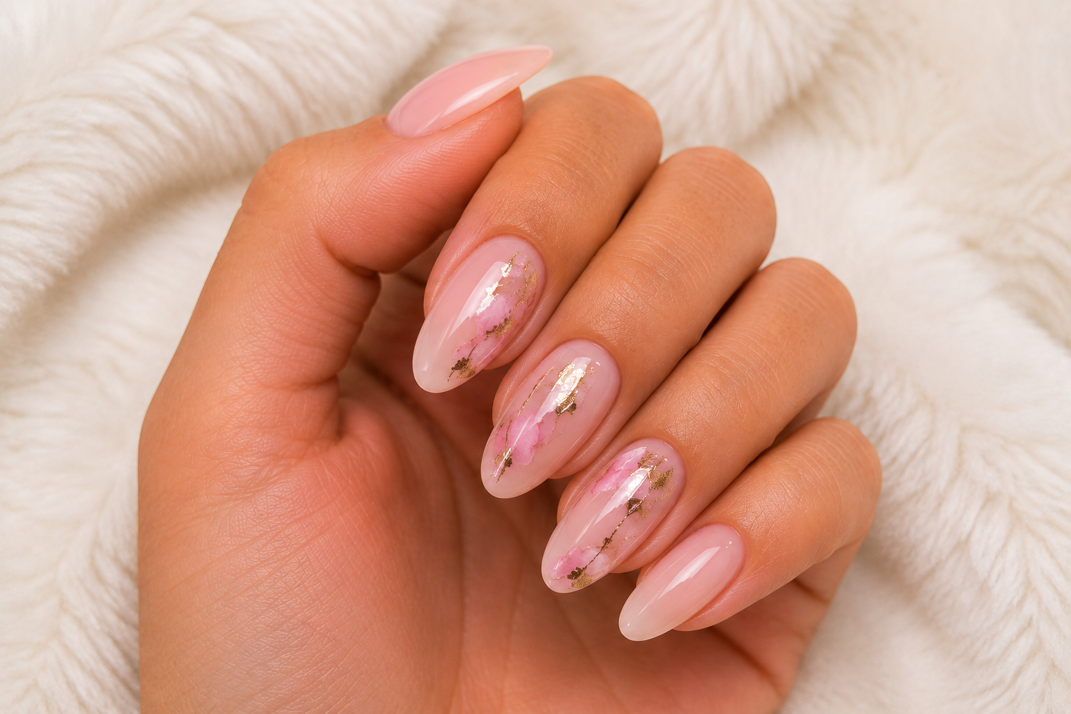 Pink marble nails finished with fine gold accents
