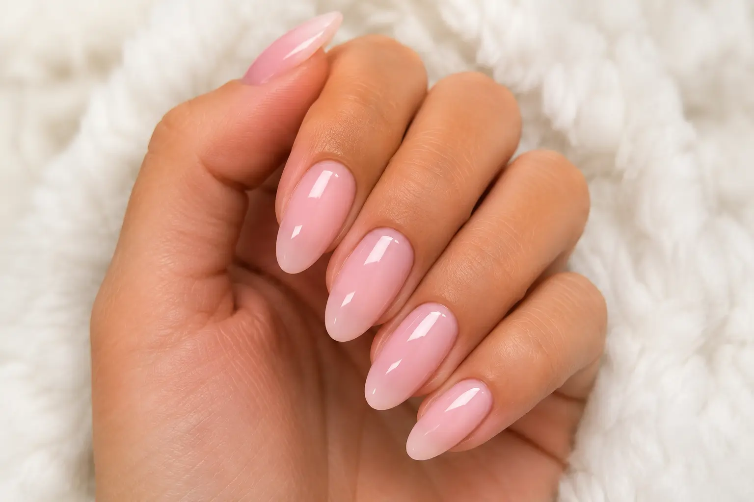 Short oval nails in a natural blush pink gel finish