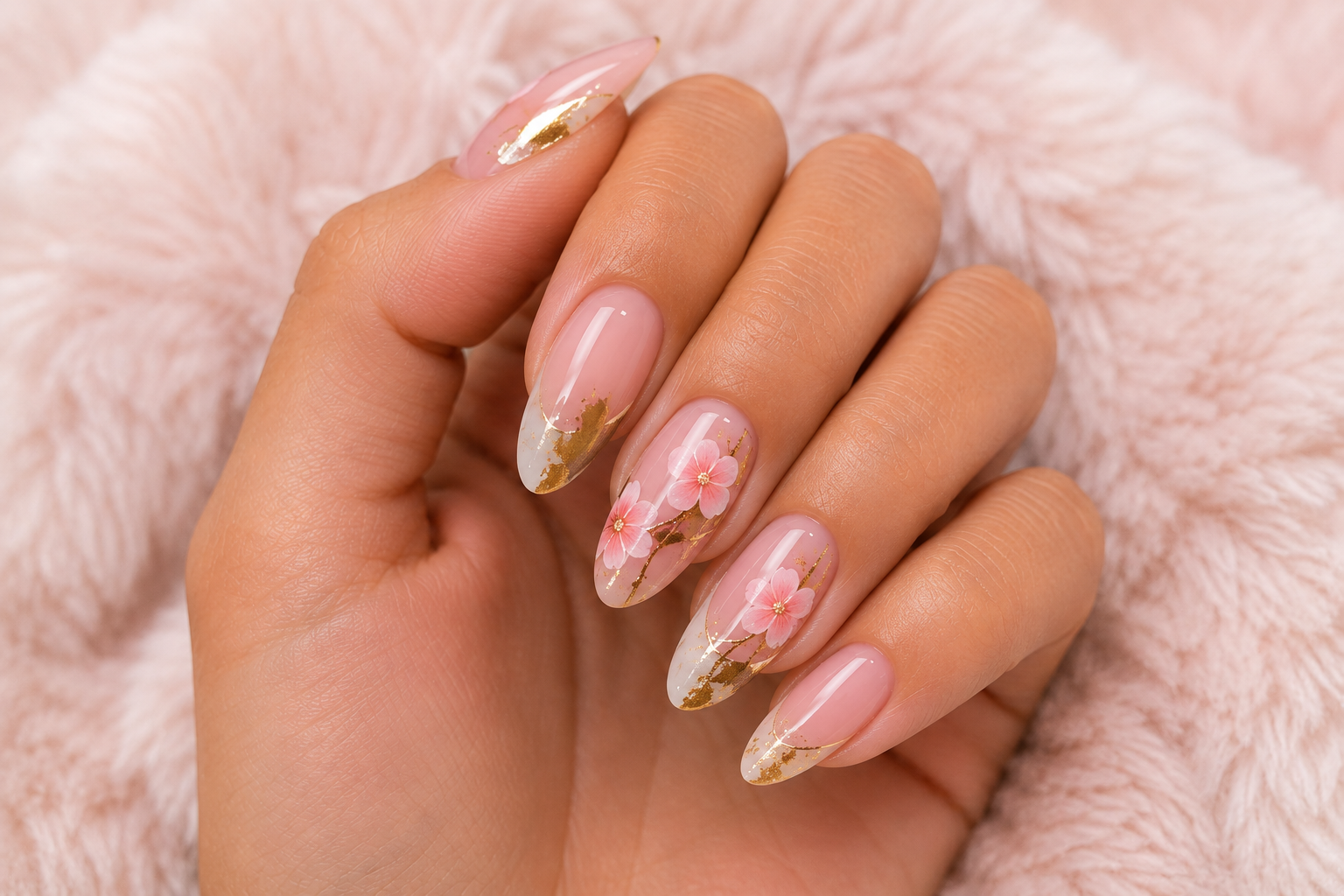 Almond nails with pink floral art and gold foil detailing