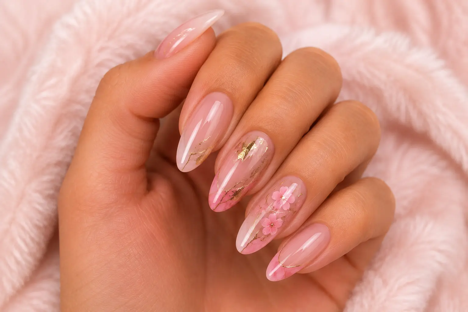 Long pointed nails with pink marble, gold foil and floral art