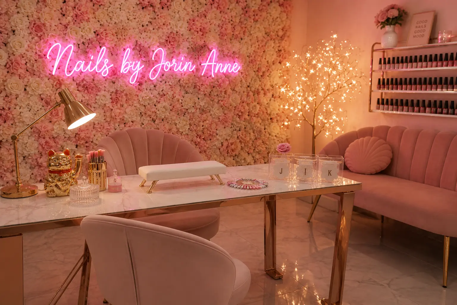 Interior of the Nails by Jorin Anne studio with velvet seating and polish shelves