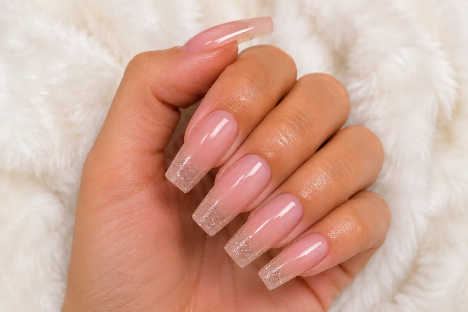 Long square nails with a pink gradient and silver glitter tips