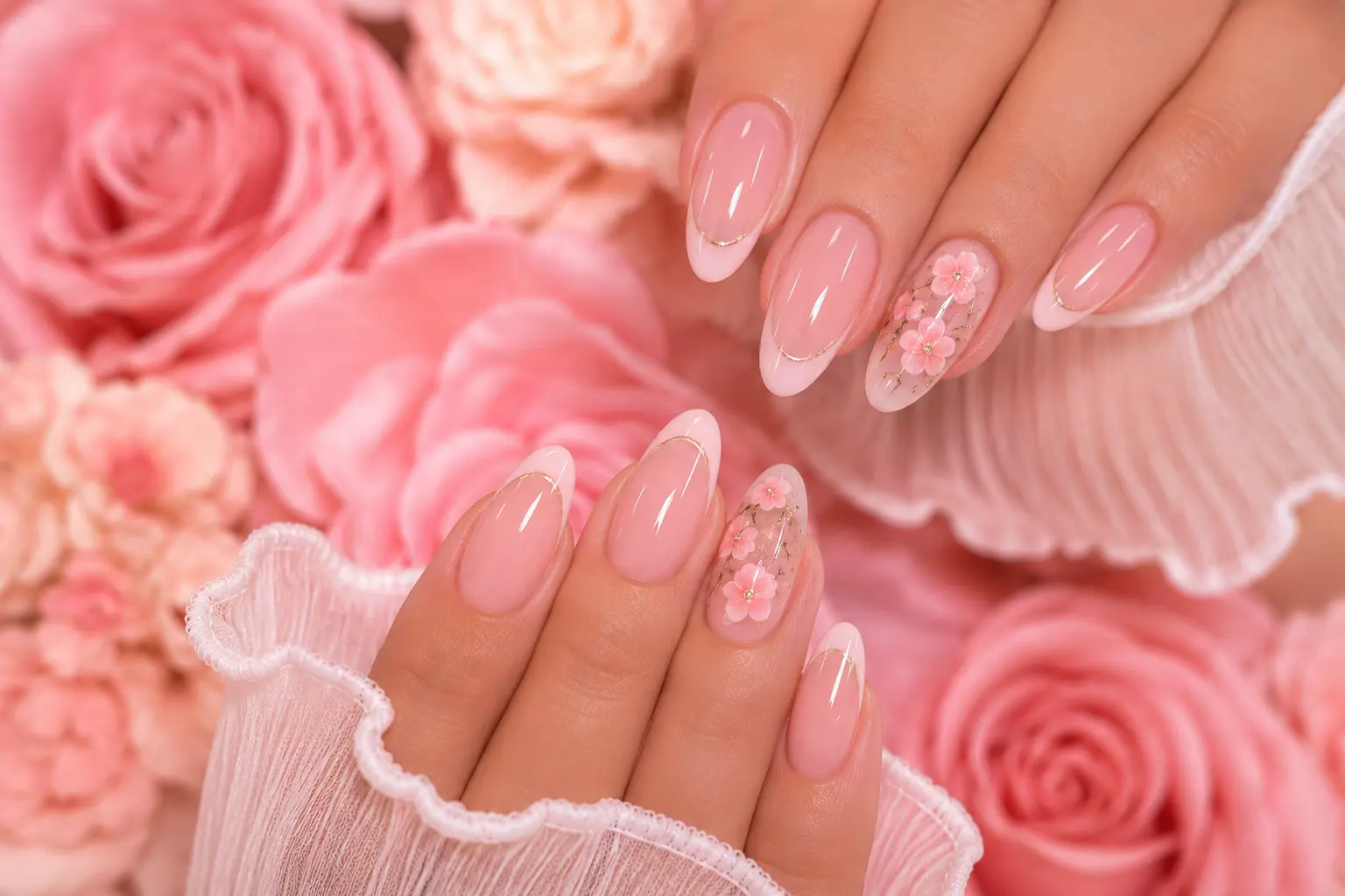 Both hands with a pink and gold French manicure and floral art