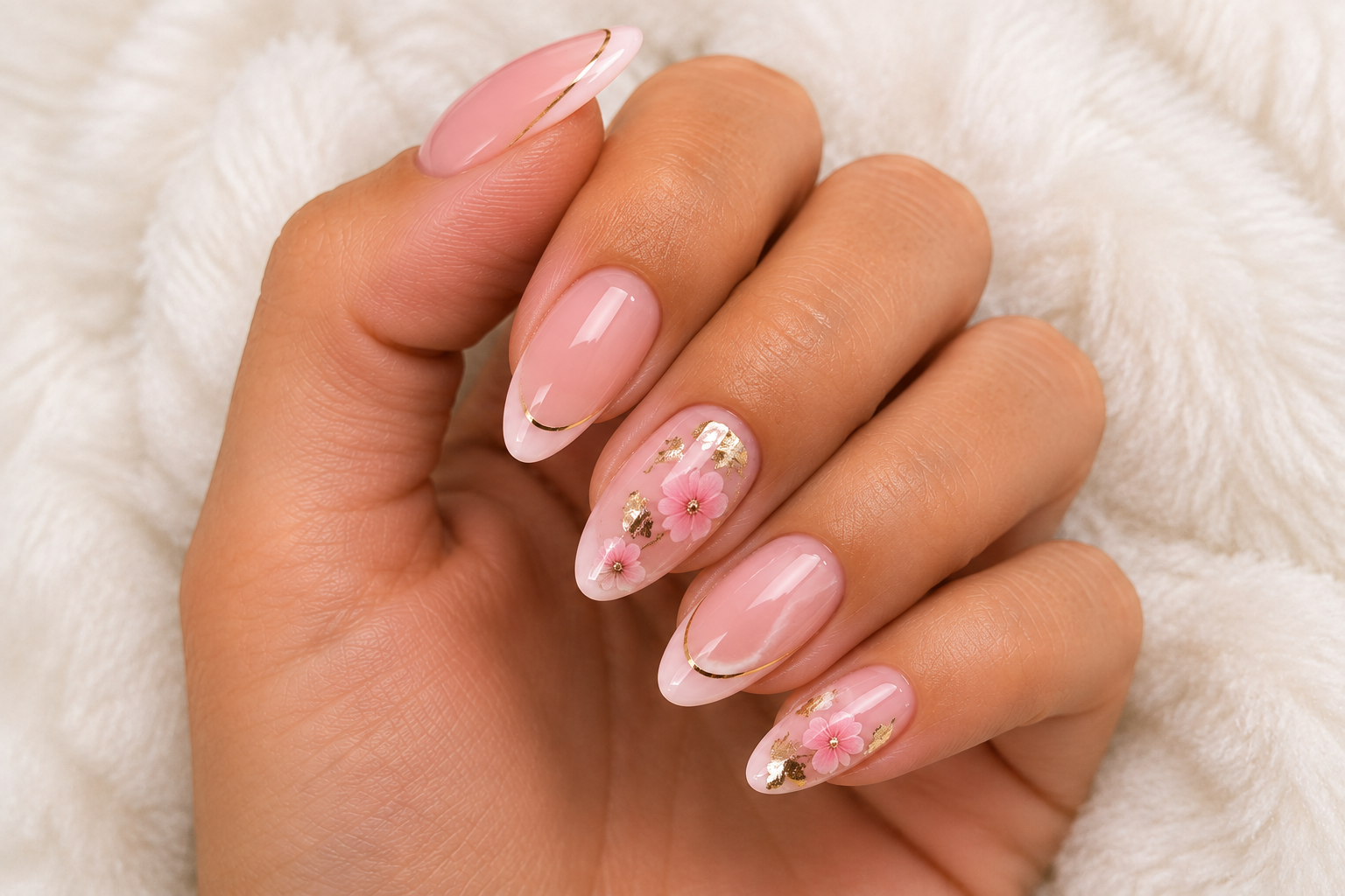 Pink and gold floral almond nails on a soft background