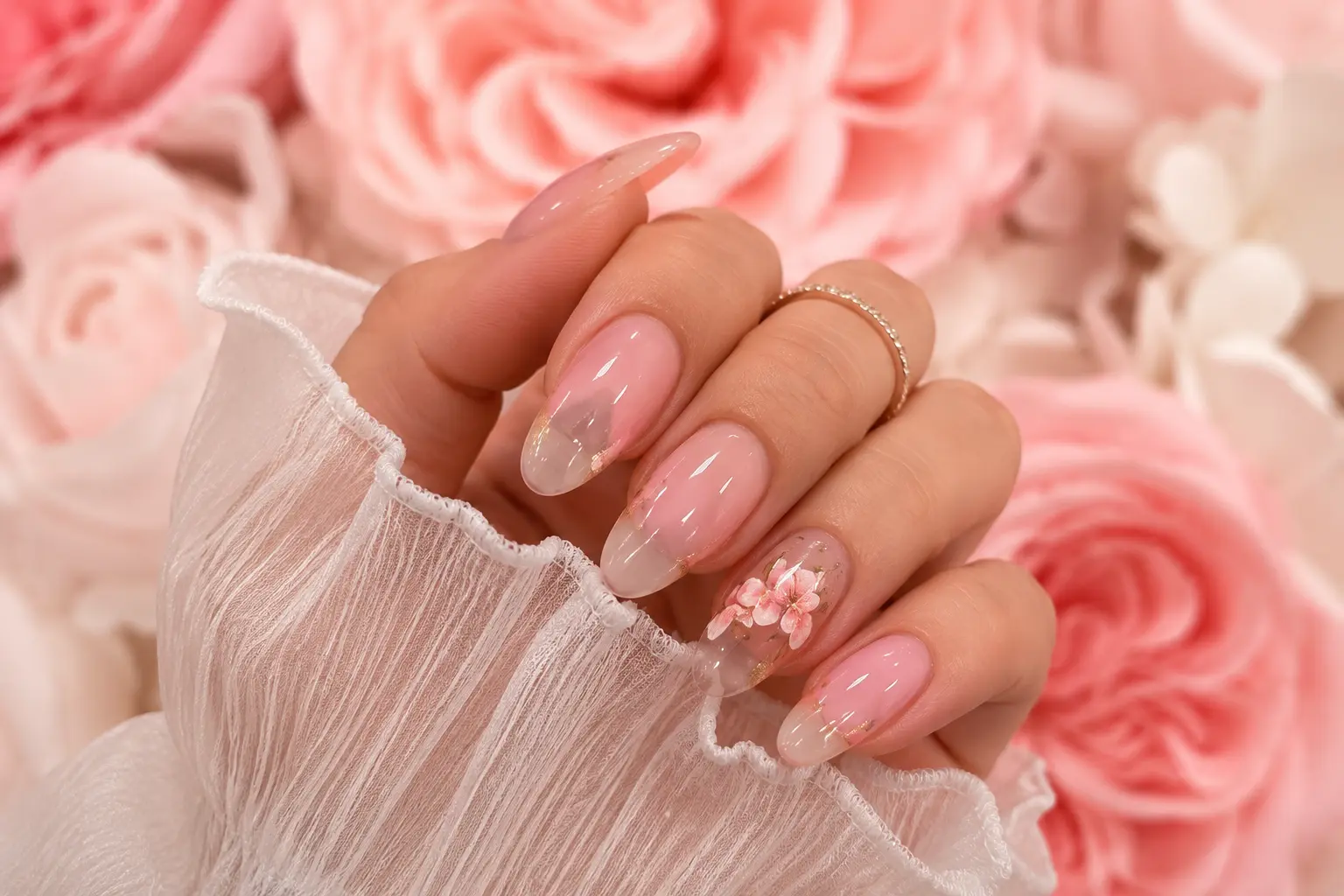 Almond nails with a pink ombre French tip, gold detail and hand-painted blossoms