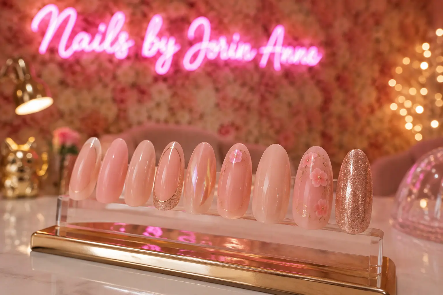 Display stand of ten nail tip designs in blush, nude, glitter and floral finishes