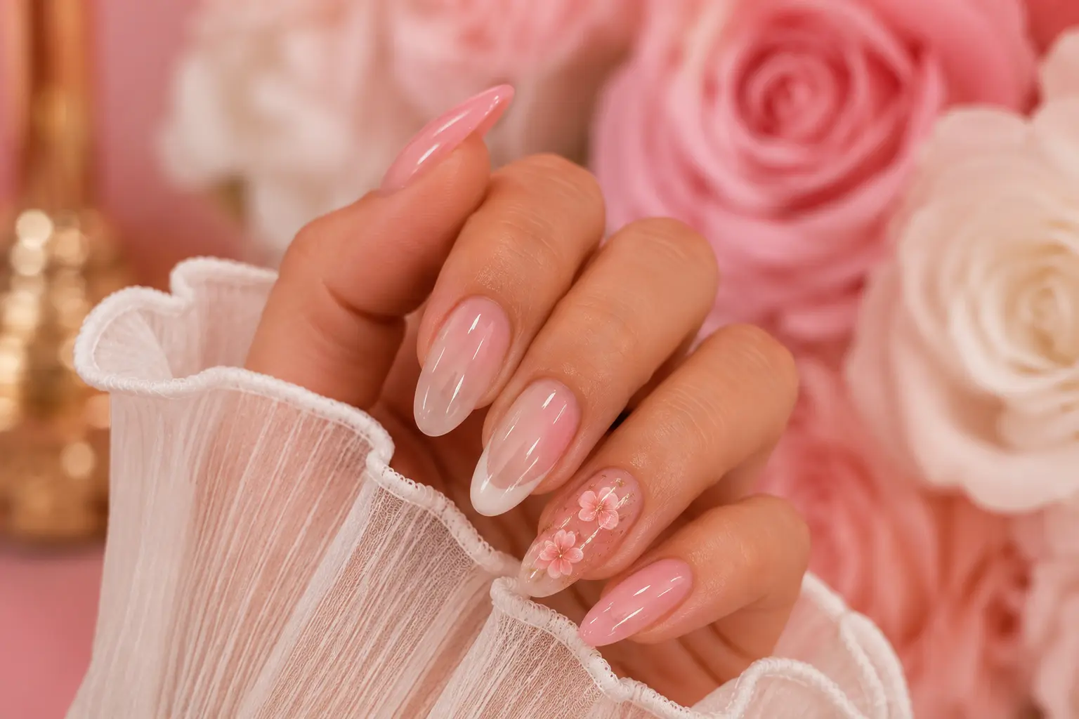 Pink ombre French tips with delicate flower nail art